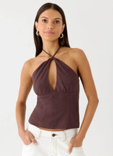 Allira Linen Halter Top - Chocolate Drizzle
