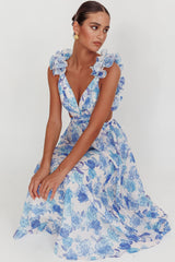 Madara Lace-Up Back Maxi Dress Floral Blue